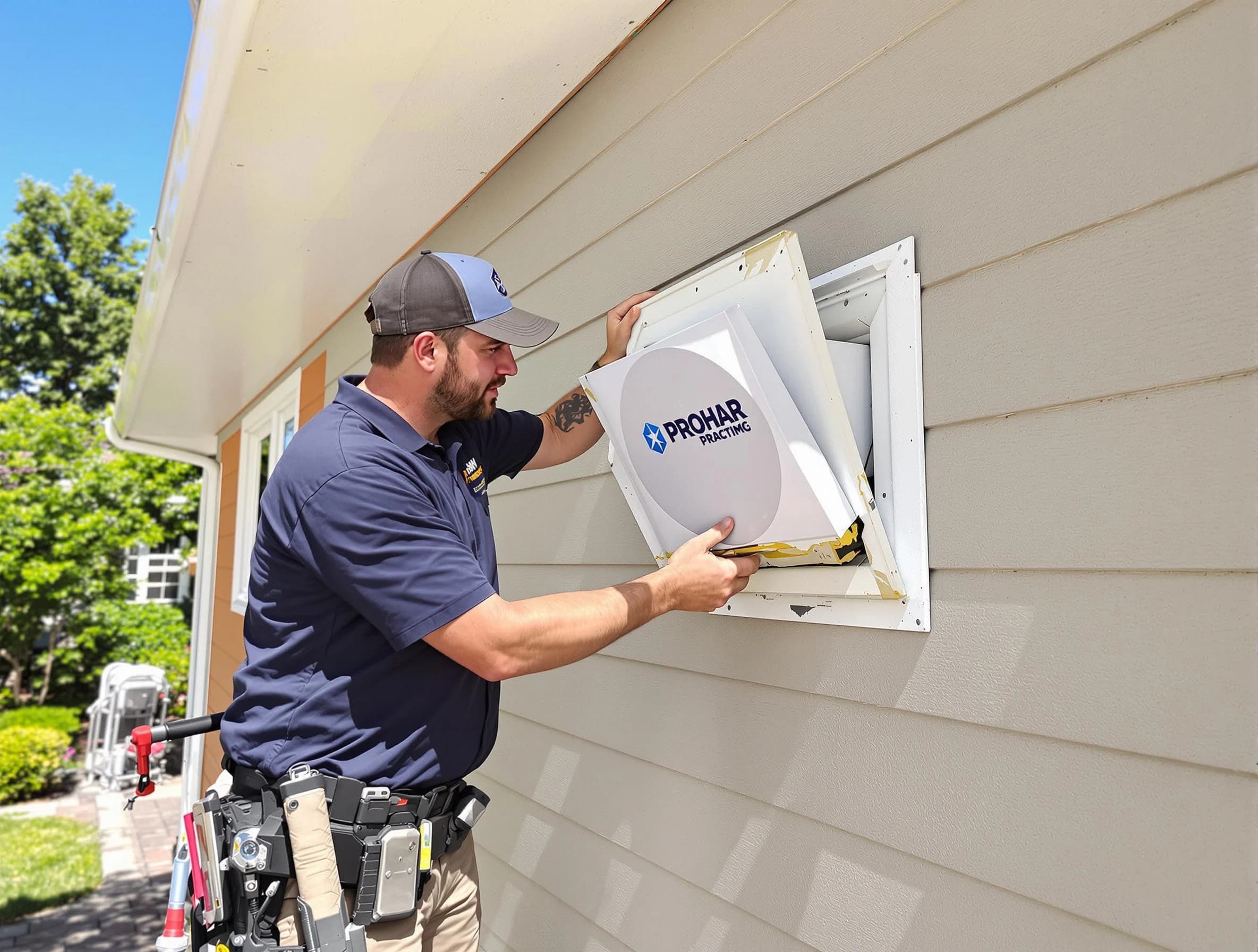 Mount Lebanon Dryer Vent Cleaning technician installing a new protective dryer vent cover on a home in Mount Lebanon