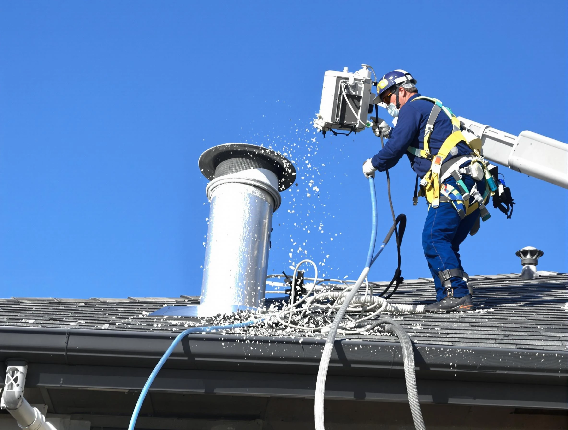 Mount Lebanon Dryer Vent Cleaning certified technician safely cleaning a roof-mounted dryer vent in Mount Lebanon